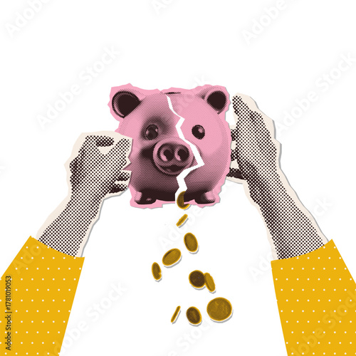 Halftone Collage - hands shaking broken piggy bank. Minimalist finance-themed money crisis metaphor concept Idea for banner with falling coins. Cutouts magazine. Vector illustration