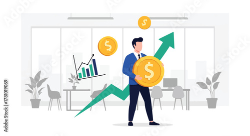 Investor holding coin with arrow showing financial growth. Flat vector, ideal for financial apps, fintech ads, investment presentations