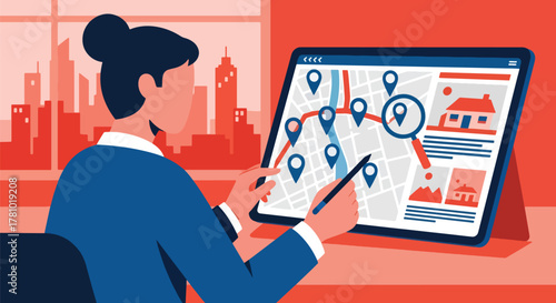 Person reviewing property listing on tablet with location pin. Solid vector, ideal for realtor ads, property search platforms, and housing apps