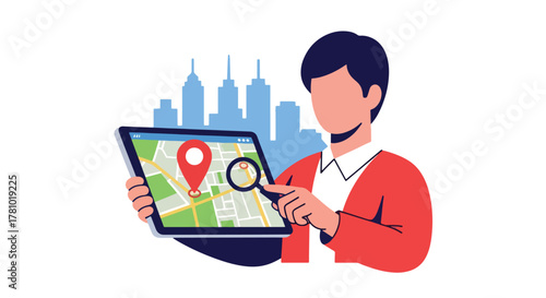Person reviewing property listing on tablet with location pin. Solid vector, ideal for realtor ads, property search platforms, and housing apps