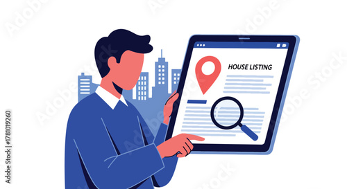 Person reviewing property listing on tablet with location pin. Solid vector, ideal for realtor ads, property search platforms, and housing apps