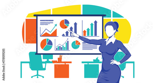 Marketer presenting digital strategy with charts and hashtags. Bold vector design, ideal for marketing campaigns and social media tool promotions