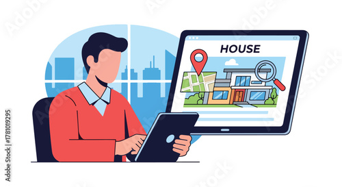Person reviewing property listing on tablet with location pin. Solid vector, ideal for realtor ads, property search platforms, and housing apps