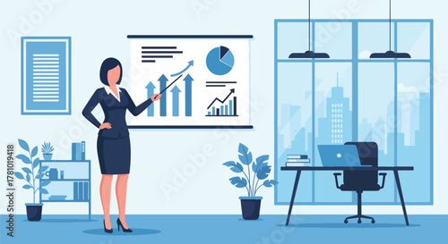 Marketer presenting digital strategy with charts and hashtags. Bold vector design, ideal for marketing campaigns and social media tool promotions