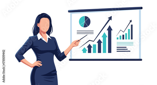 Marketer presenting digital strategy with charts and hashtags. Bold vector design, ideal for marketing campaigns and social media tool promotions
