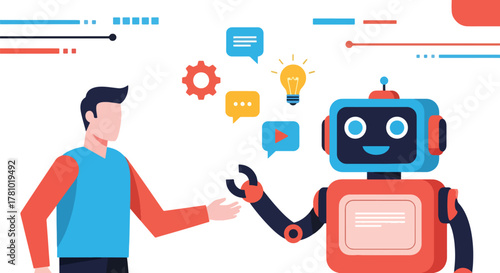 Person interacting with friendly robot and AI elements. Flat vector style, ideal for AI marketing, tech startups, and automation platforms