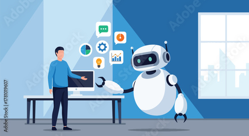 Person interacting with friendly robot and AI elements. Flat vector style, ideal for AI marketing, tech startups, and automation platforms