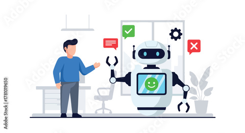 Person interacting with friendly robot and AI elements. Flat vector style, ideal for AI marketing, tech startups, and automation platforms