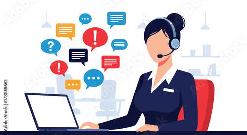 Support agent wearing headset with chat bubbles around. Flat vector style, ideal for customer service landing pages and helpdesk apps