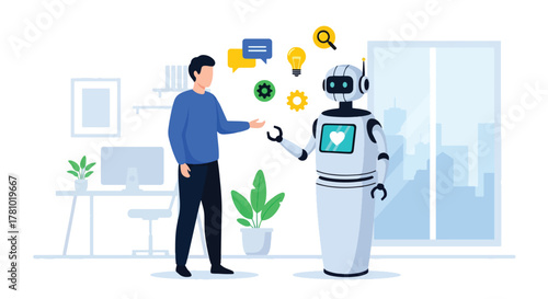 Person interacting with friendly robot and AI elements. Flat vector style, ideal for AI marketing, tech startups, and automation platforms