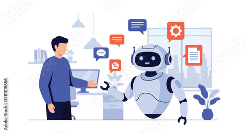 Person interacting with friendly robot and AI elements. Flat vector style, ideal for AI marketing, tech startups, and automation platforms