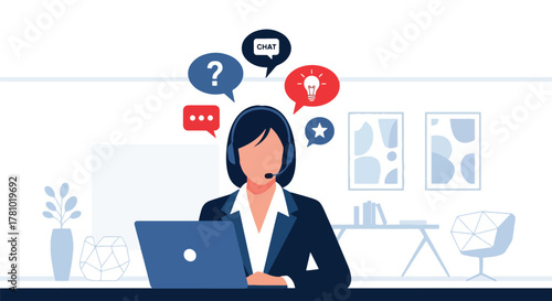 Support agent wearing headset with chat bubbles around. Flat vector style, ideal for customer service landing pages and helpdesk apps
