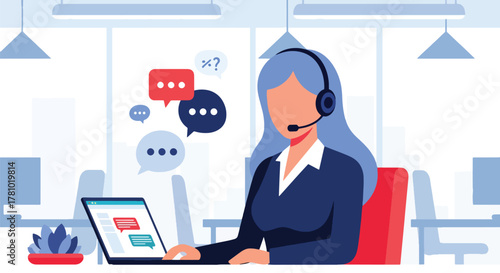 Support agent wearing headset with chat bubbles around. Flat vector style, ideal for customer service landing pages and helpdesk apps