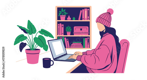 Remote worker using laptop in cozy home office. Solid flat vector style, ideal for remote-work articles, blogs, and productivity apps