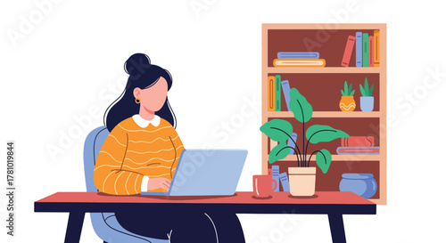 Remote worker using laptop in cozy home office. Solid flat vector style, ideal for remote-work articles, blogs, and productivity apps