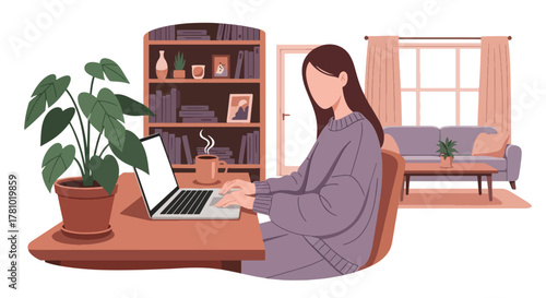 Remote worker using laptop in cozy home office. Solid flat vector style, ideal for remote-work articles, blogs, and productivity apps