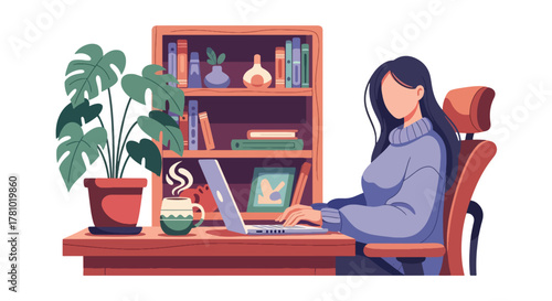 Remote worker using laptop in cozy home office. Solid flat vector style, ideal for remote-work articles, blogs, and productivity apps