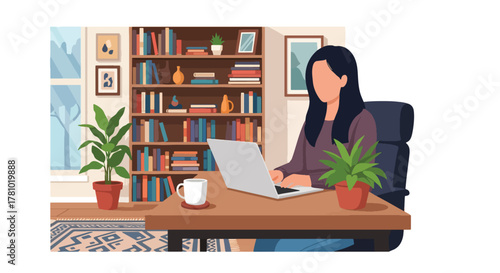 Remote worker using laptop in cozy home office. Solid flat vector style, ideal for remote-work articles, blogs, and productivity apps