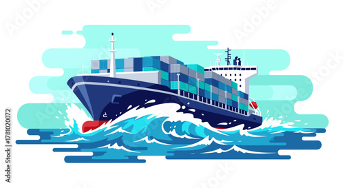 A vector illustration showcases a cargo ship navigating through stylized blue waves, with a clear sky backdrop, symbolizing global trade and maritime transport.
