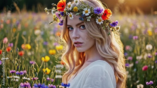 Woman with flower crown in blooming field with sunlight and natural colors for beauty and wellness concepts