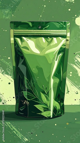 Artistic depiction of a vibrant green pouch, likely packaging, with plant-like details