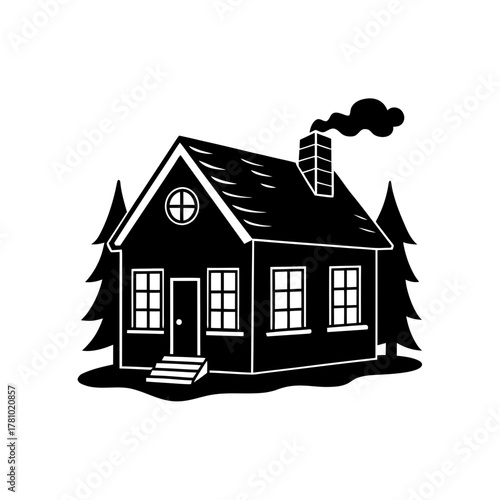 Traditional rustic house with chimney smoke and pine trees art