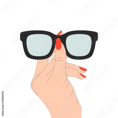 Stylized hand holding black glasses isolated on transparent background