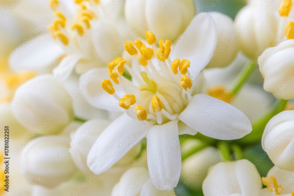 Fototapeta premium White flower close up shot pollen arrangement on white background.