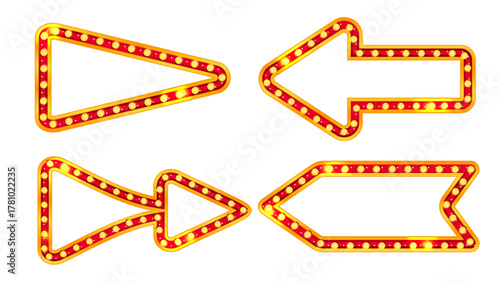 Marquee arrow sign. Retro circus light board. Casino lightbox for party. Neon carnival sale signboard with vintage illuminated pointer. Shiny banner frame in gold and red. Showtime element with lamp.