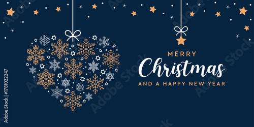 merry christmas greeting card with heart made of snowflakes vector illustration