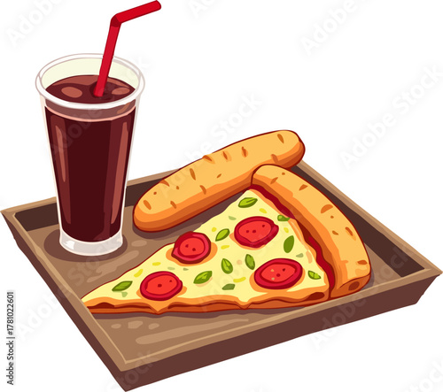Fast Food Tray with Soda, Pepperoni Pizza, and Breadsticks Vector Illustration