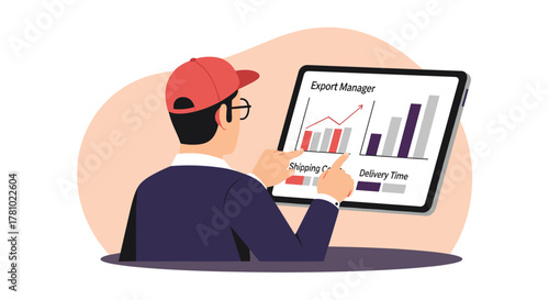 An export manager analyzes shipping and delivery times on a digital tablet, showcasing data-driven insights for optimized international trade strategies and logistics.