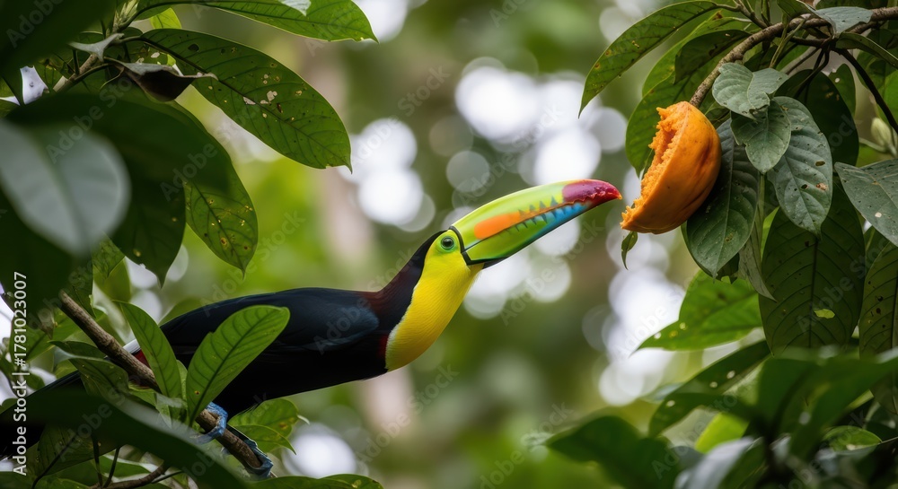Obraz premium Colorful toucan feeding on tropical fruit in lush greenery