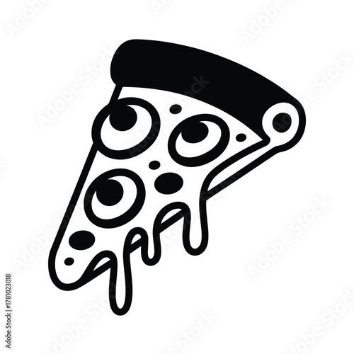 Hand drawn black and white slice of pizza with melting cheese and pepperoni