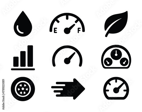 Set of black vehicle icons: fuel, speed, eco, graphs, wheels, arrow