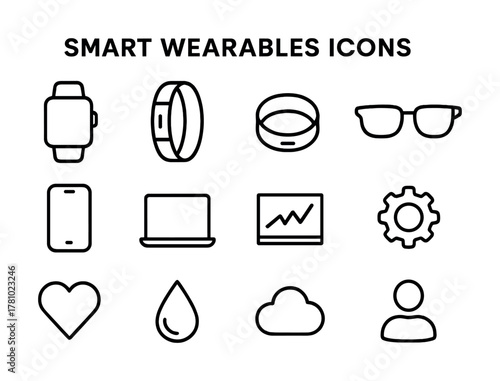 Smart wearables icons: watches, fitness bands, glasses, devices, and more