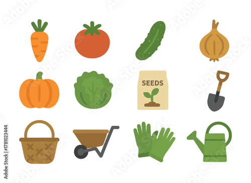 Garden tools and vegetables: carrot, tomato, cucumber, pumpkin, lettuce, seeds