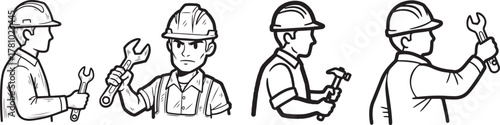 Line art illustration of skilled workers, construction and repair, tools Vector