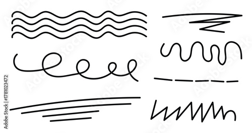 Marker brush stroke lines Illustration including wavy, dashed, zig zag, and curved lines artfully arranged