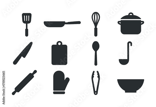 Kitchen utensils set: icons of spatula, pan, whisk, pot, knife, cutting board, spoon, ladle