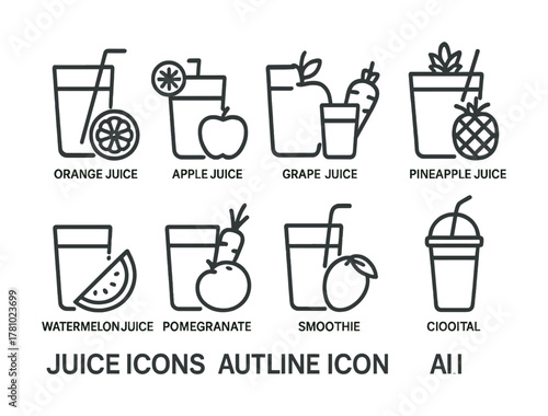 Assorted juice icons: orange, apple, grape, pineapple, watermelon, pomegranate, smoothie, cocktail