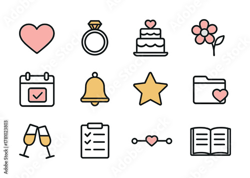 Wedding icon set: heart, ring, cake, flower, calendar, bell, star, folder, glasses, checklist, divider, book