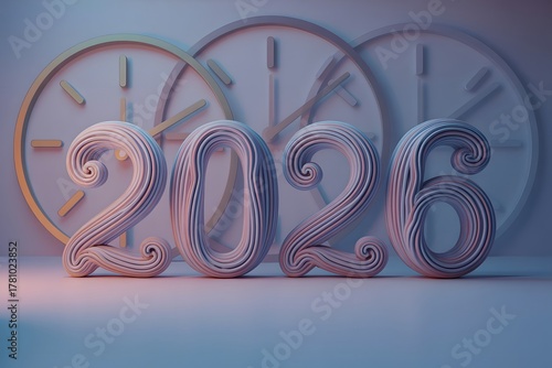 Welcome 2026 with Modern Pastel Clock Countdown for New Year Celebrations and Futuristic Time Concepts, Perfect for Designs and Event Announcements