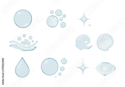 Assorted water droplets and bubbles with sparkles on white background