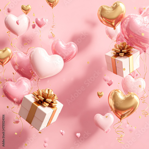 A whimsical scene of heart-shaped balloons and a beautifully wrapped gift against a pink background, celebrating love and joy.