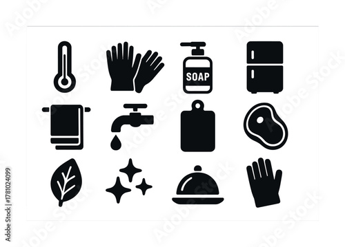 Kitchen and hygiene icon set including soap, thermometer, gloves, and refrigerator