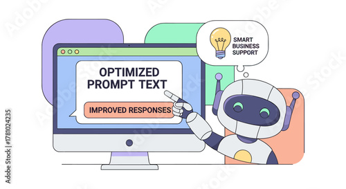 A friendly robot points to a computer screen displaying optimized prompt text, symbolizing smart business support and improved responses.