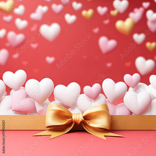 A vibrant display of colorful hearts and a golden bow, symbolizing love and celebration against a soft red background.