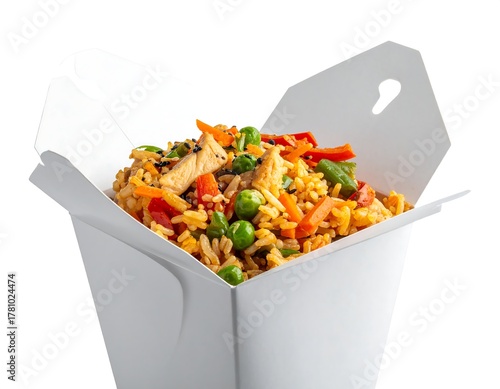 Asian takeout meal of fried rice, chicken, and vegetables