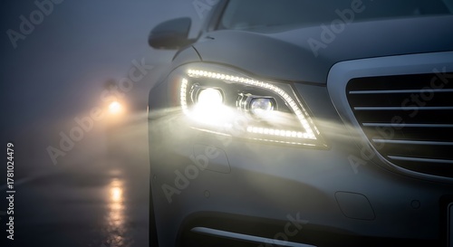 Car headlight shining brightly through dense fog on a dark, wet road, creating a dramatic and mysterious atmosphere for safe driving.
